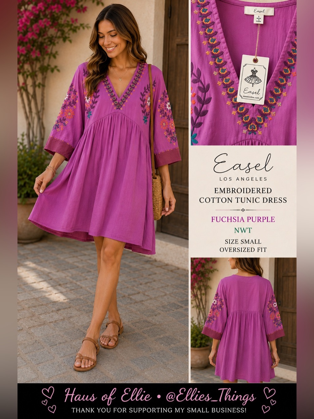 Easel Los Angeles NWT Embroidered Cotton Tunic Dress Small Boho Fuchsia